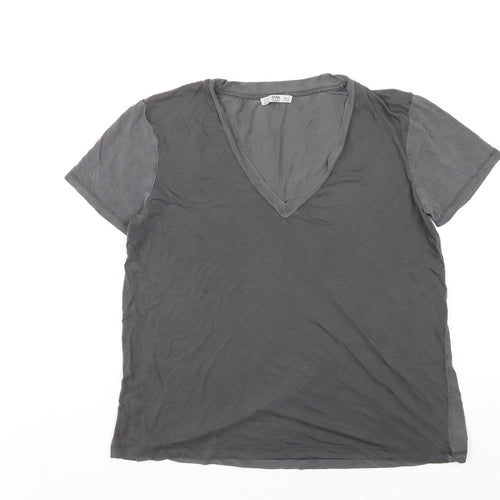 Zara Womens Grey Polyester Basic T-Shirt Size S V-Neck