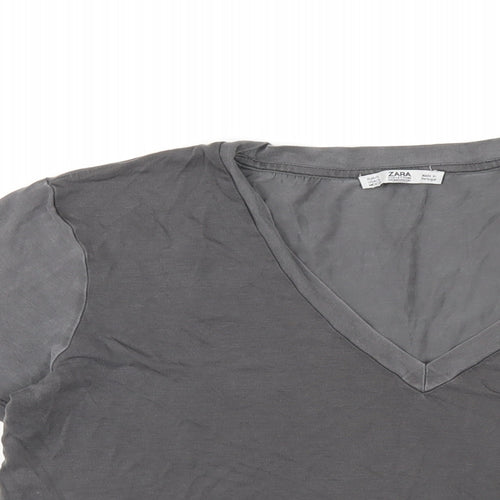 Zara Womens Grey Polyester Basic T-Shirt Size S V-Neck