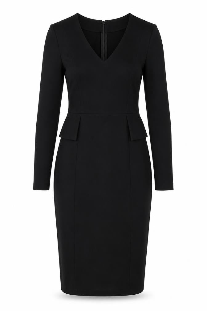 Front view of Seed women’s black viscose pencil dress, size S, v-neck zip