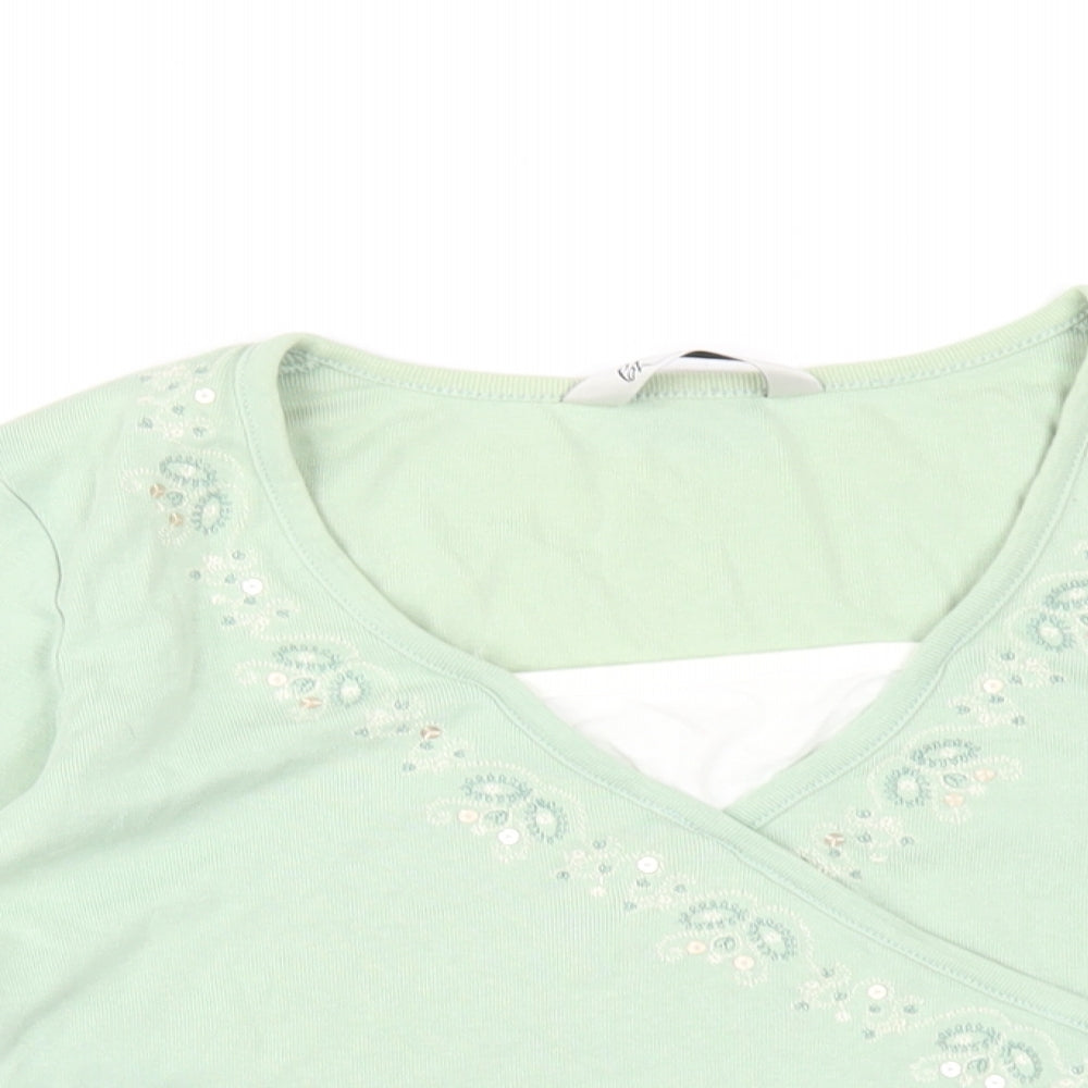 BHS Womens Green Cotton Basic T-Shirt Size 18 V-Neck