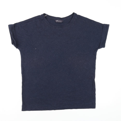 Marks and Spencer Womens Blue Linen Basic T-Shirt Size 10 Round Neck