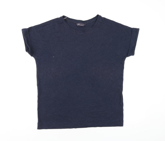 Marks and Spencer Womens Blue Linen Basic T-Shirt Size 10 Round Neck