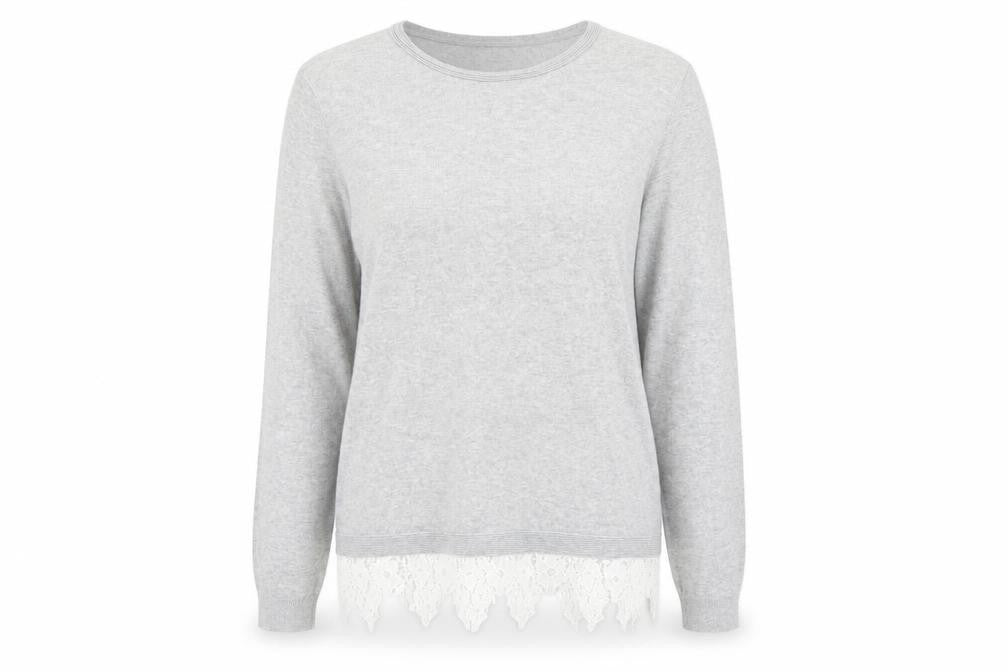 Front view of Dorothy Perkins women’s grey round neck cotton jumper, size UK 12