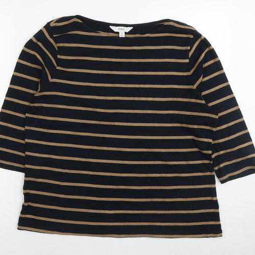 Marks and Spencer Womens Black Striped Polyester Jersey T-Shirt Size 18 Boat Neck