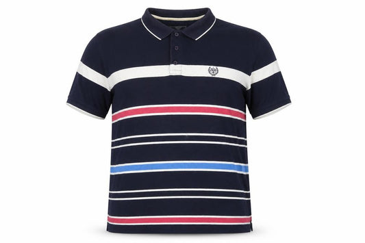 Front view of Atlantic Bay men’s blue striped cotton polo, size 2XL, collared pullover