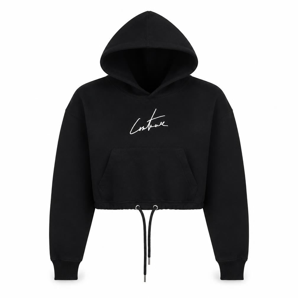 Front view of Coulture women’s black cotton pullover hoodie, size XS, pullover