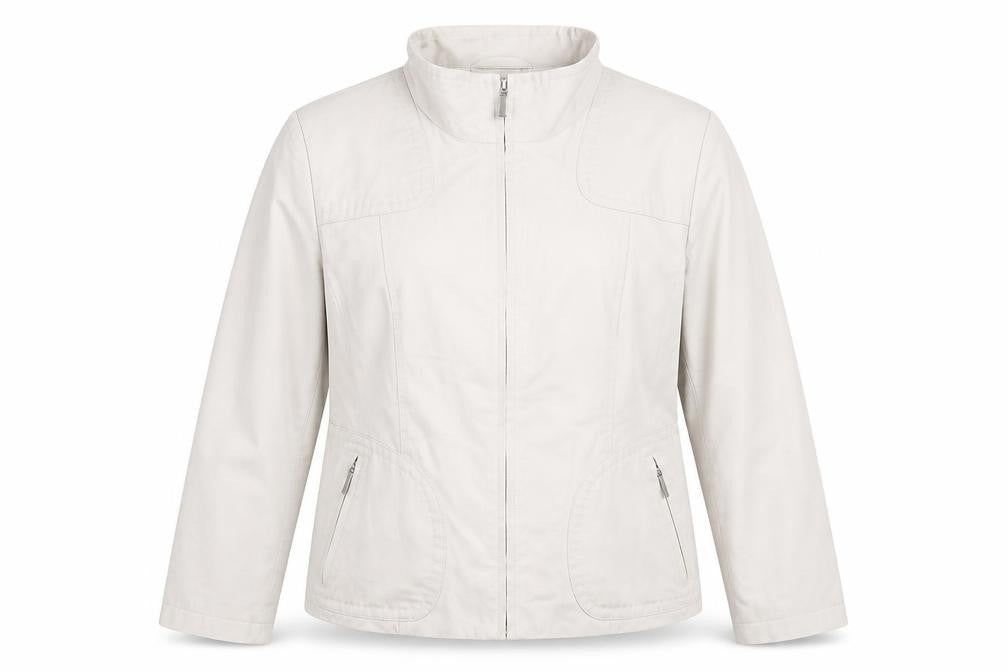 Front view of Marks & Spencer women’s beige jacket, size UK 16, zip