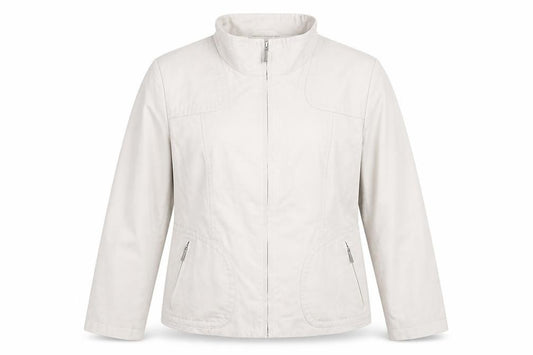 Front view of Marks & Spencer women’s beige jacket, size UK 16, zip