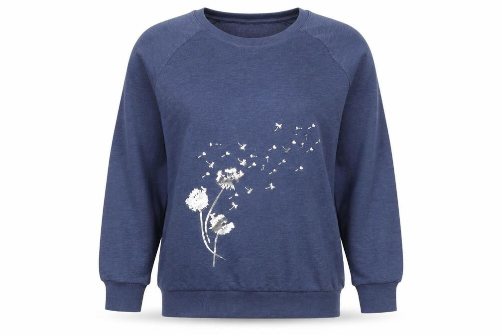 Front view of Rainbow women’s blue cotton pullover sweatshirt, size M, pullover - flowers