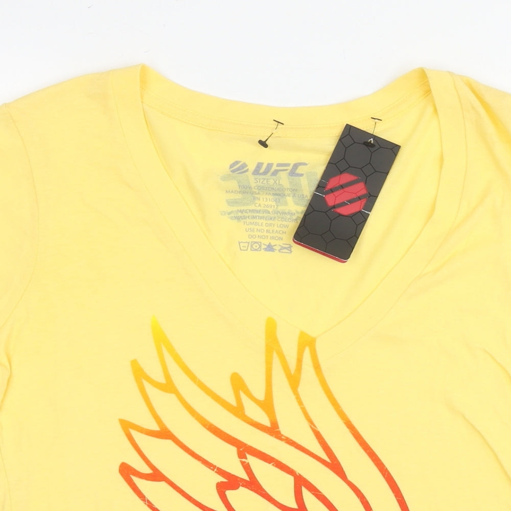 UFC Womens Yellow Cotton Basic T-Shirt Size XL V-Neck - Logo