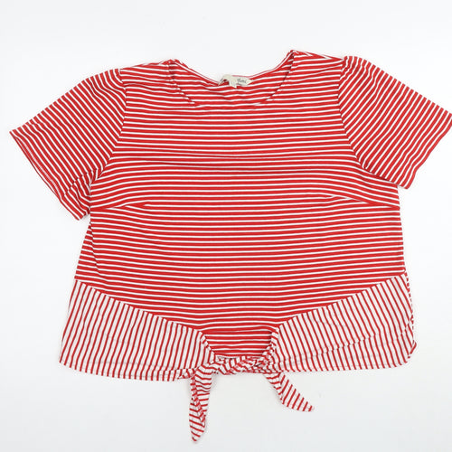 Yumi Womens Red Striped Viscose Basic T-Shirt Size 14 Round Neck