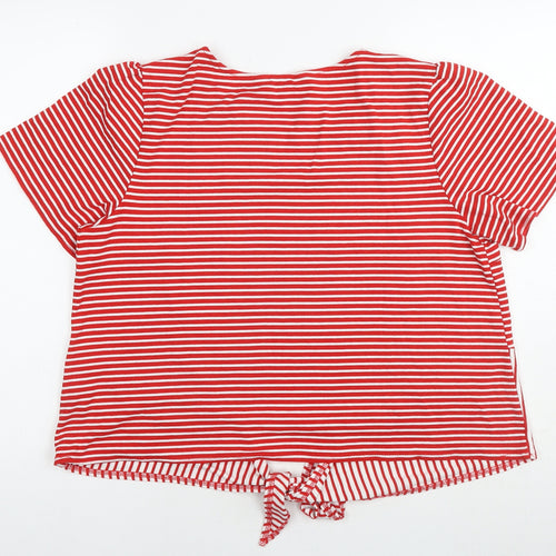 Yumi Womens Red Striped Viscose Basic T-Shirt Size 14 Round Neck