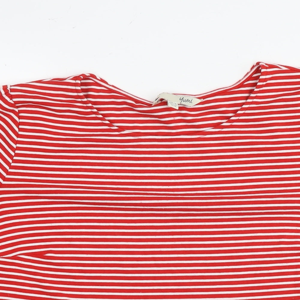 Yumi Womens Red Striped Viscose Basic T-Shirt Size 14 Round Neck