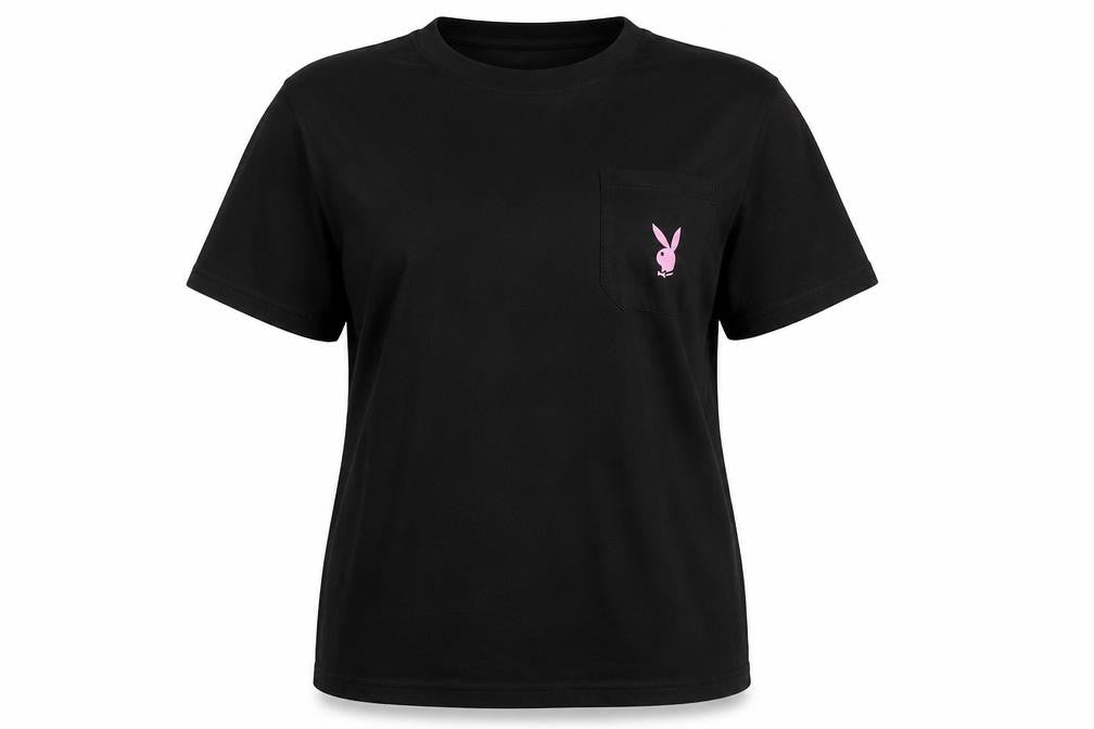 Front view of Playboy women’s black polyester tunic t-shirt, size UK 6, round neck - logo