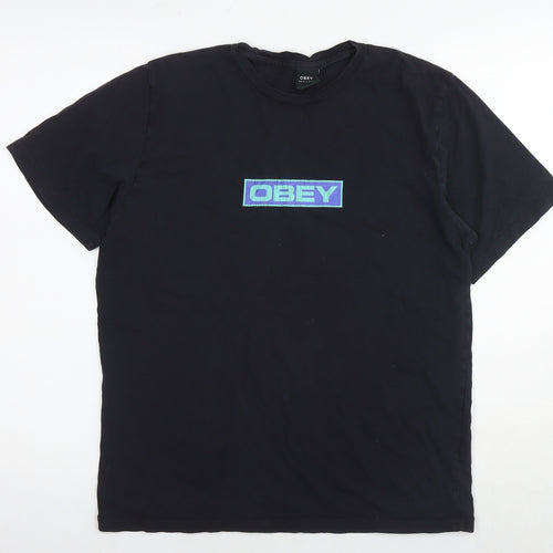 OBEY Womens Black Cotton Basic T-Shirt Size M Round Neck - Logo