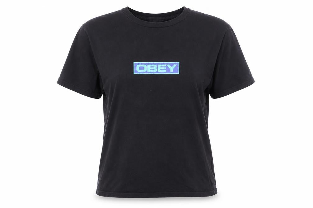 Front view of OBEY women’s black cotton basic t-shirt, size M, round neck - logo