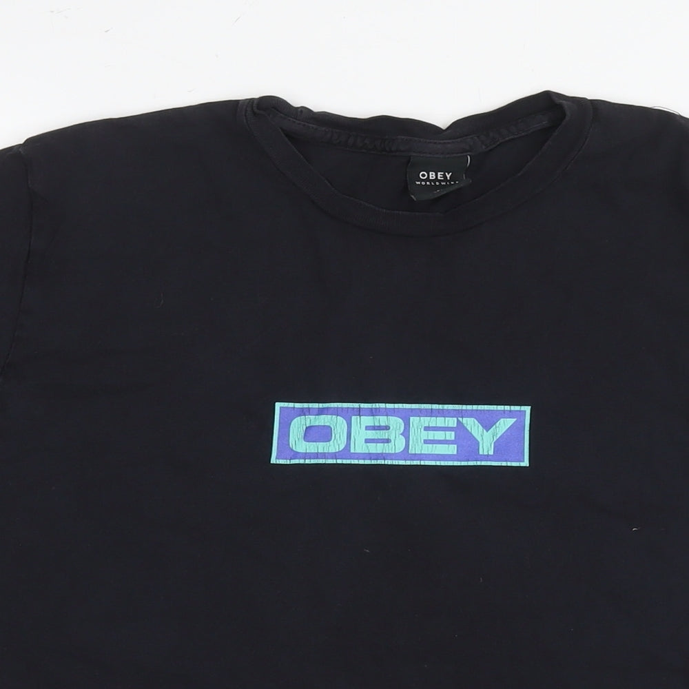OBEY Womens Black Cotton Basic T-Shirt Size M Round Neck - Logo