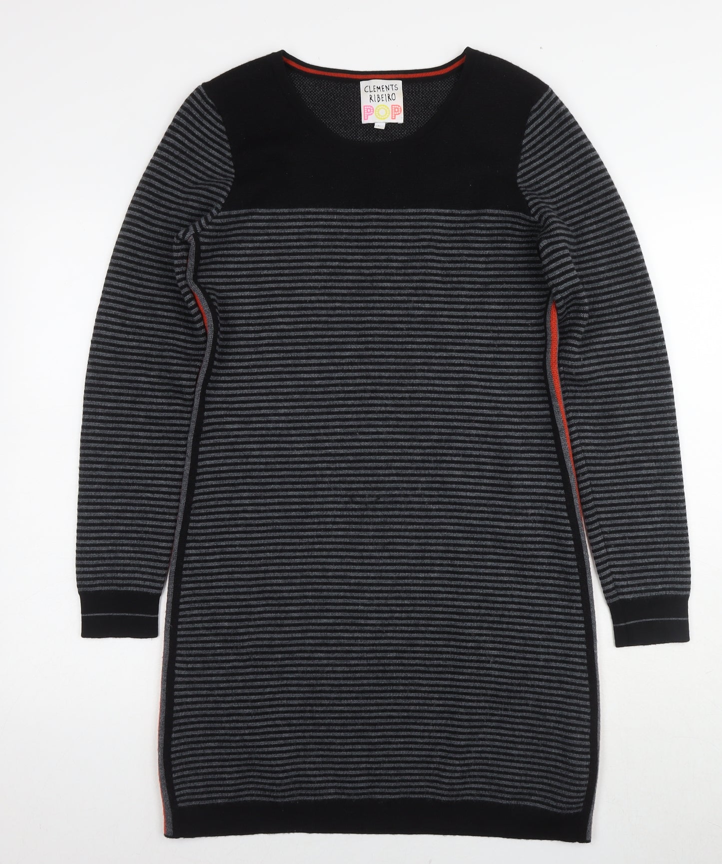 Clements Ribeiro Womens Grey Striped Polyester Jumper Dress Size L Round Neck Pullover