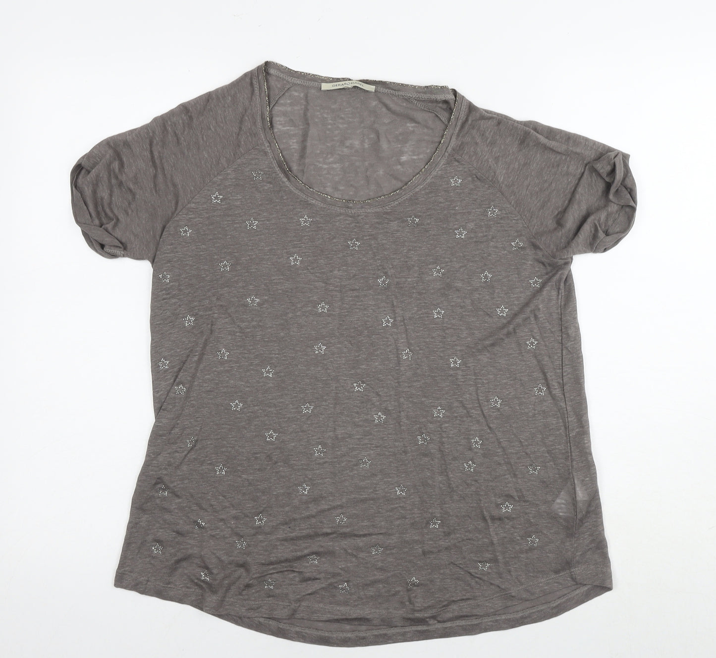 Gerard Darel Womens Brown Linen Basic T-Shirt Size S Round Neck - Embellishment Detail Stars