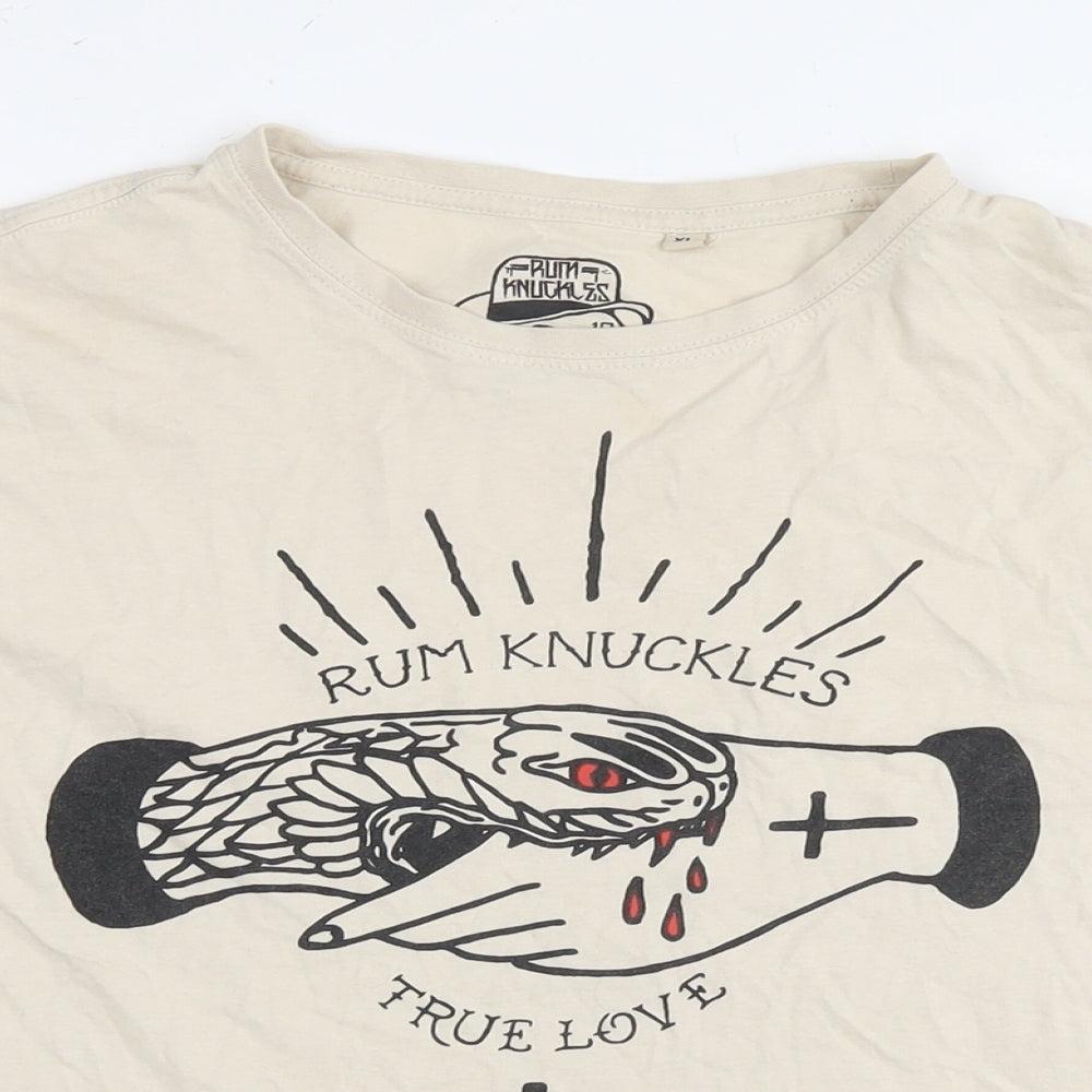 Rum Knuckers Mens Beige Cotton T-Shirt Size XL Round Neck - Snake Handshake logo