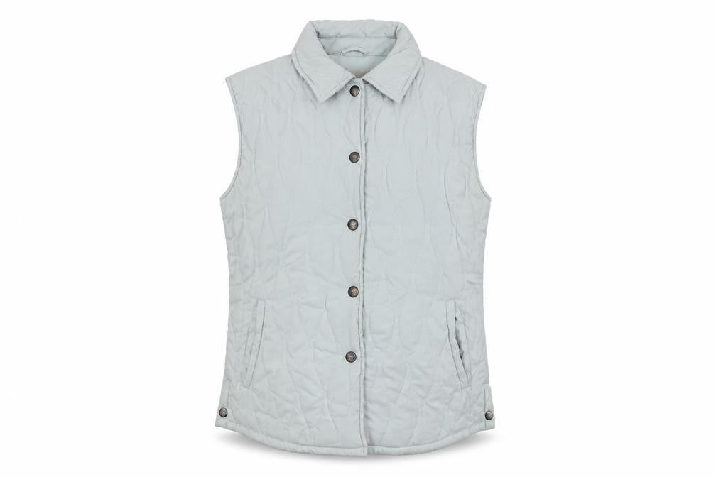 Front view of Jack Murphy women’s blue jacket waistcoat, size UK 14, snap