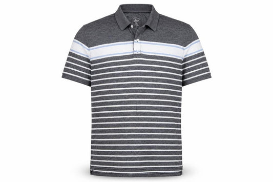 Front view of Bass men’s grey striped cotton polo, size 2XL, collared button