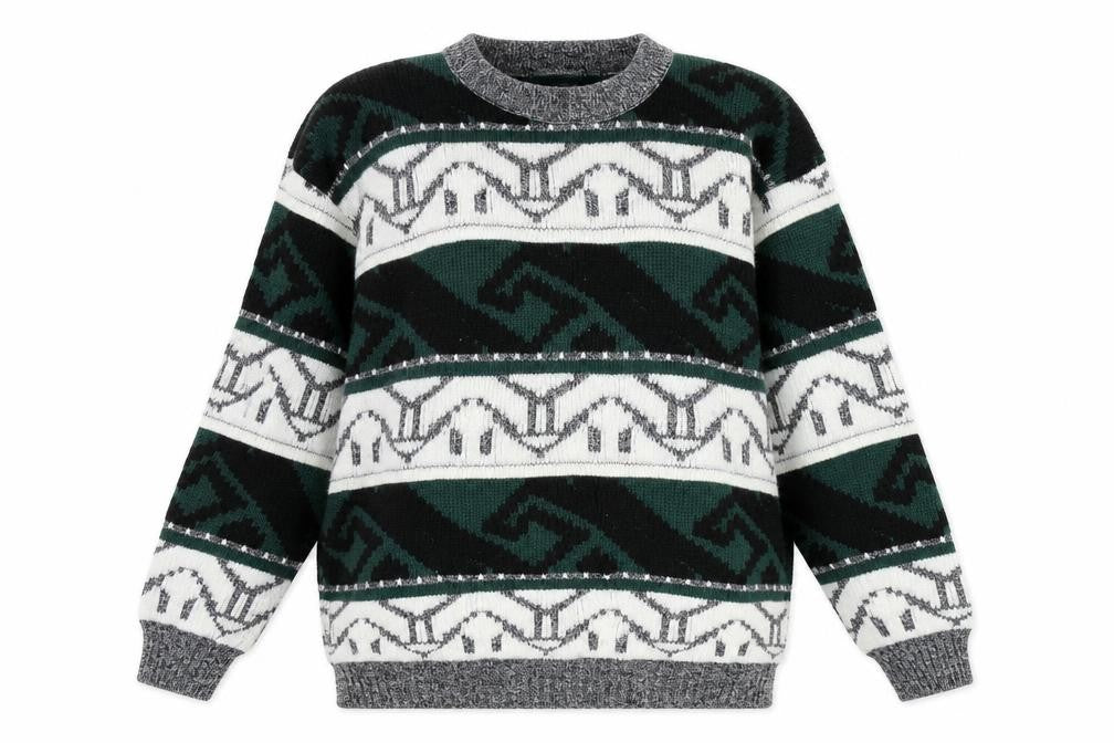 Front view of Nicco women’s multicoloured round neck geometric acrylic jumper, size UK 16