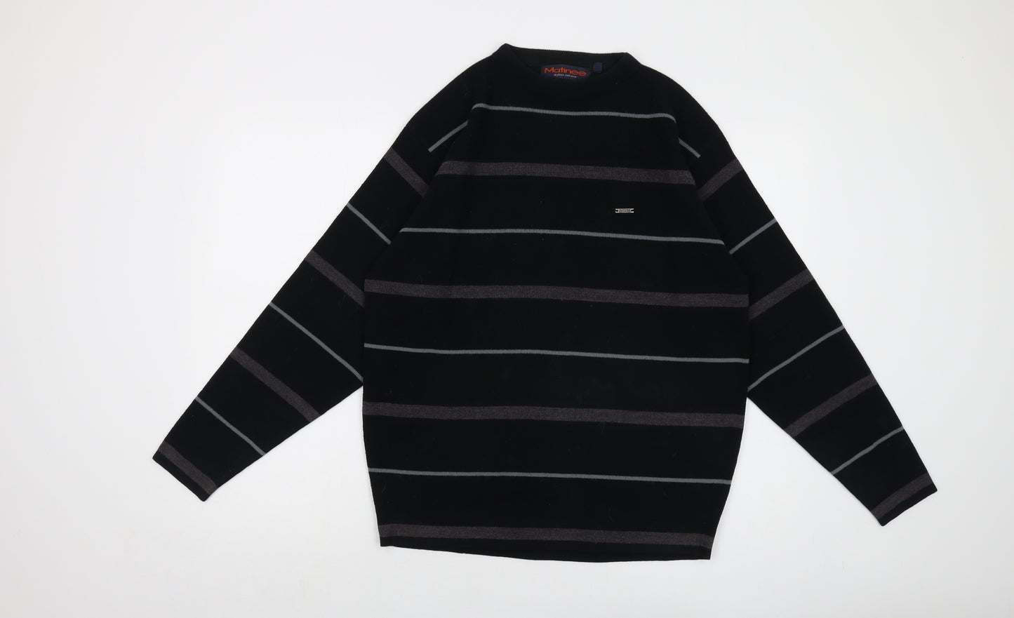 Matinee Mens Black Crew Neck Striped Acrylic Pullover Jumper Size M Long Sleeve