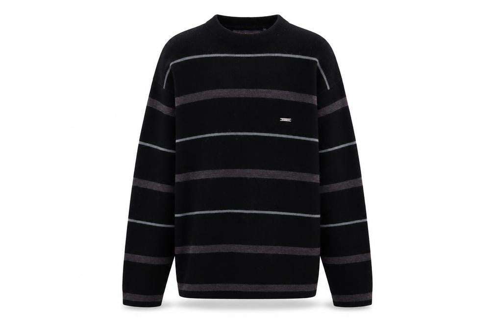 Front view of Matinee men’s black crew neck striped acrylic jumper, size M, long sleeve