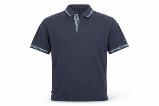 Front view of Pringle men’s blue cotton polo, size M, collared button