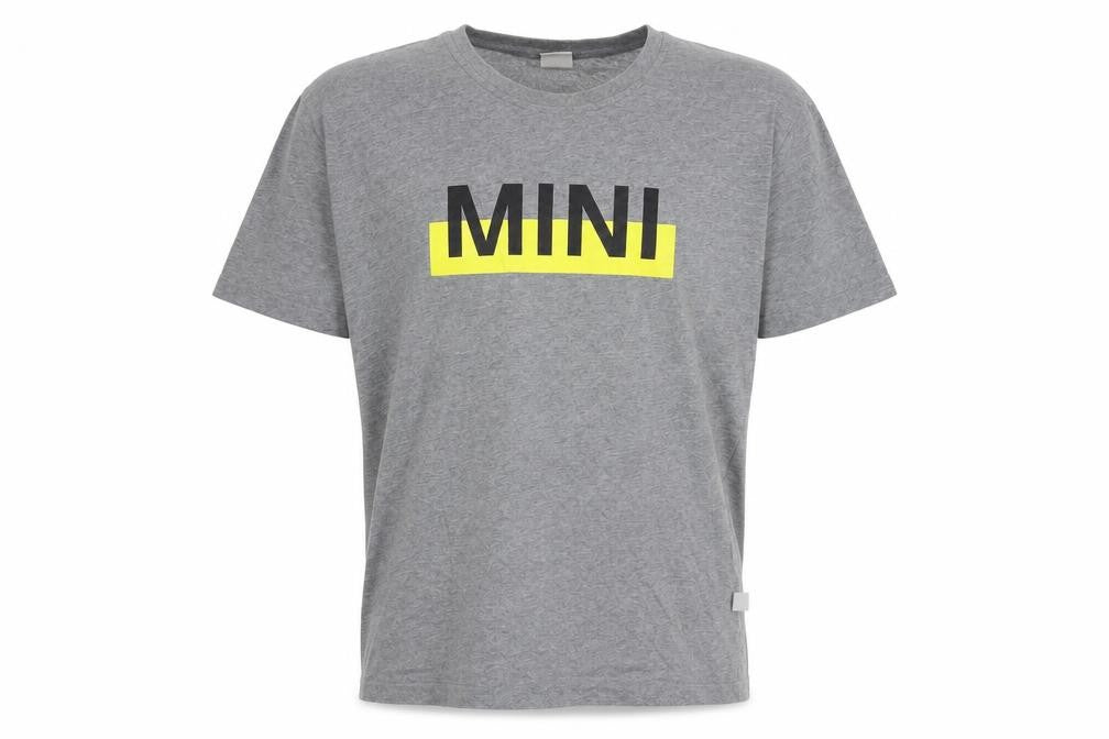 Front view of MINI men’s grey cotton t-shirt, size L, crew neck
