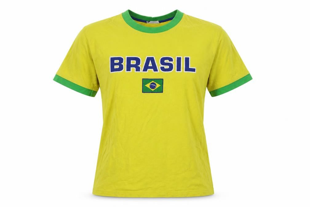 Front view of Brasi;l women’s yellow cotton basic t-shirt, size UK 10, crew neck