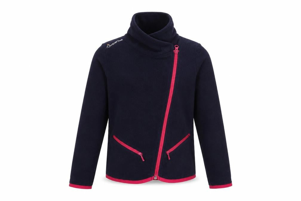 Front view of Fouganza girls’ blue jacket, size 8, years zip