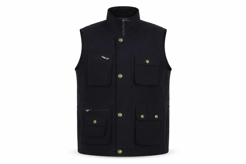 Front view of Mode Mile men’s black jacket waistcoat, size M, zip