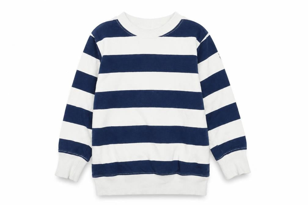 Front view of molo boys’ blue striped cotton pullover sweatshirt, size 4, years pullover