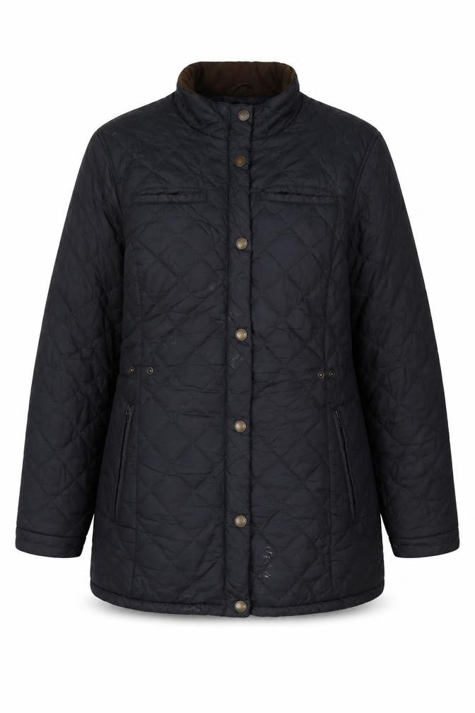 Front view of John Parlridge women’s blue quilted jacket, size UK 16, zip