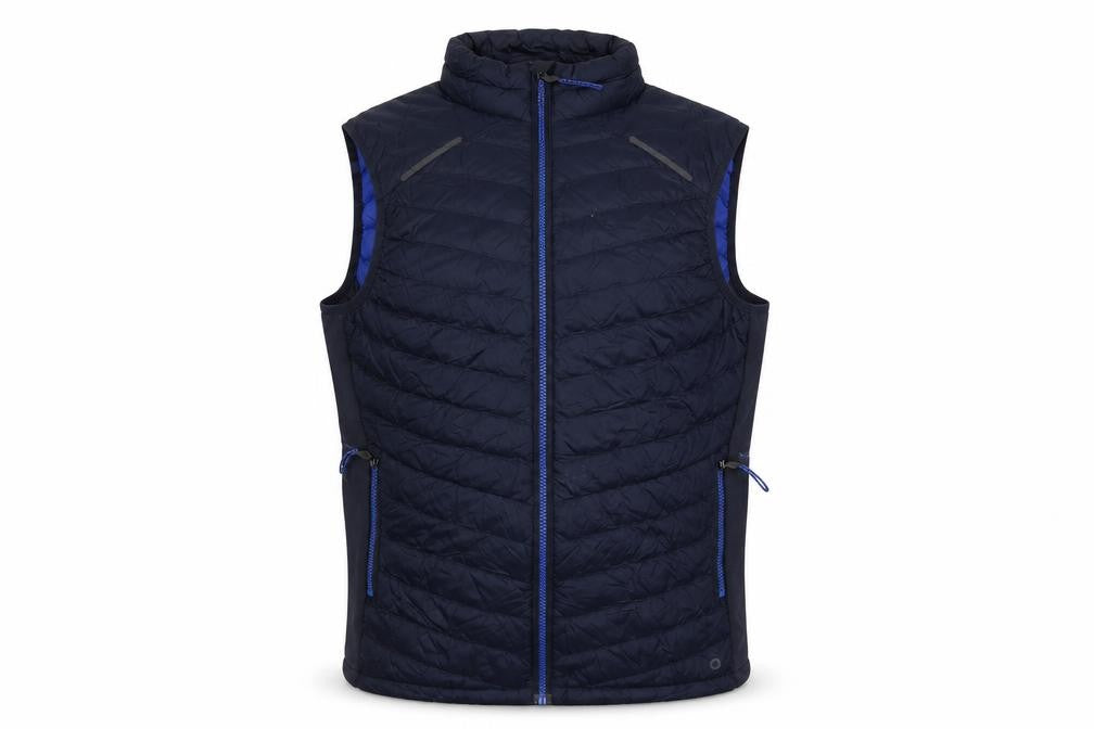 Front view of Goodmove men’s blue jacket waistcoat, size S, zip