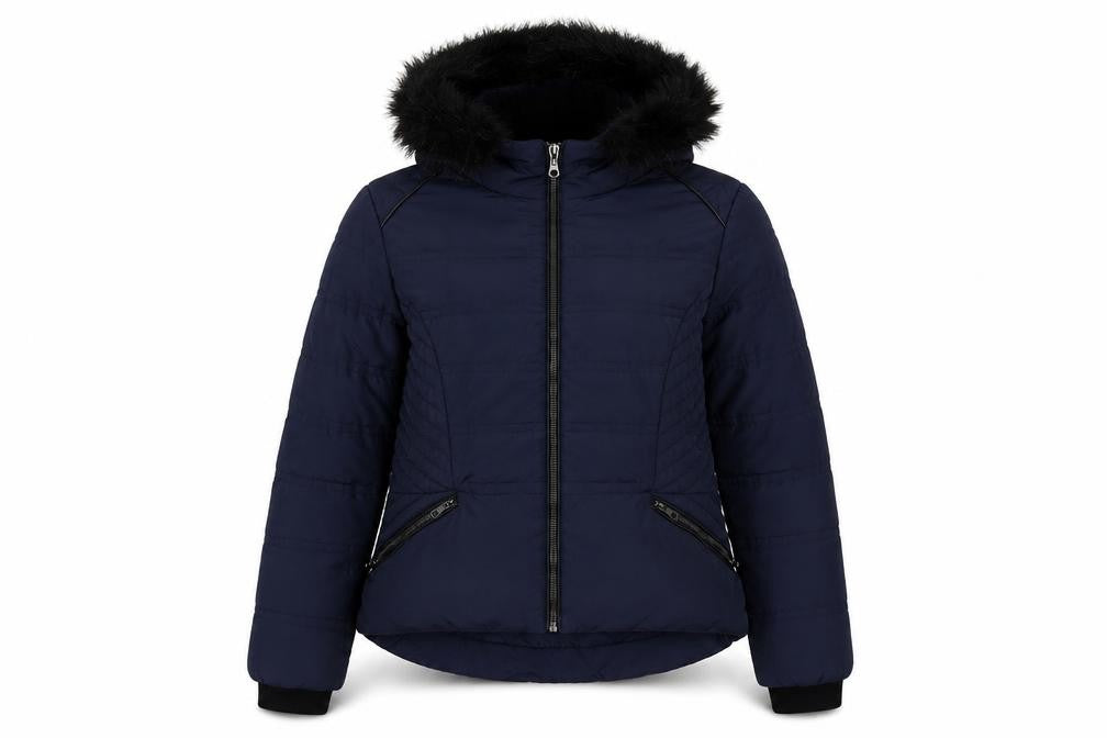 Front view of Marks & Spencer women’s blue jacket, size UK 14, zip