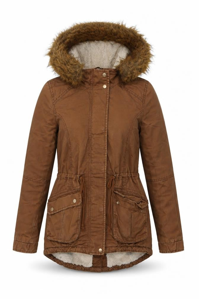 Front view of H&M women’s brown parka jacket, size UK 8, zip