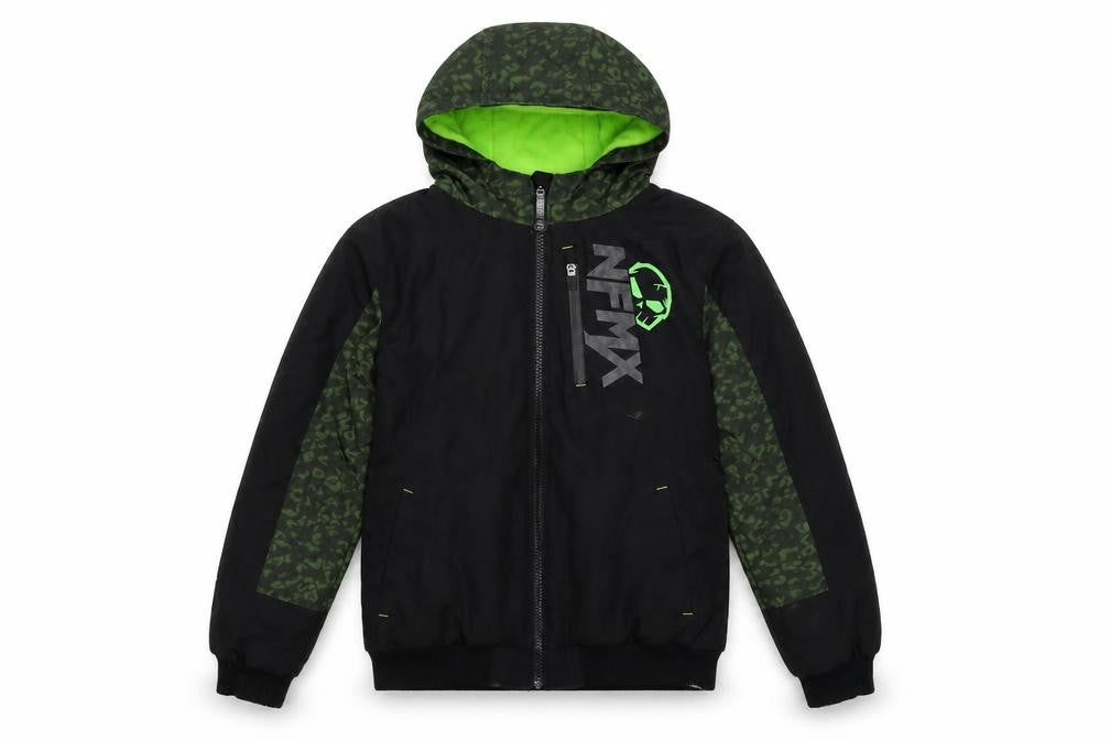 Front view of No Fear boys’ black jacket, size 13, years zip