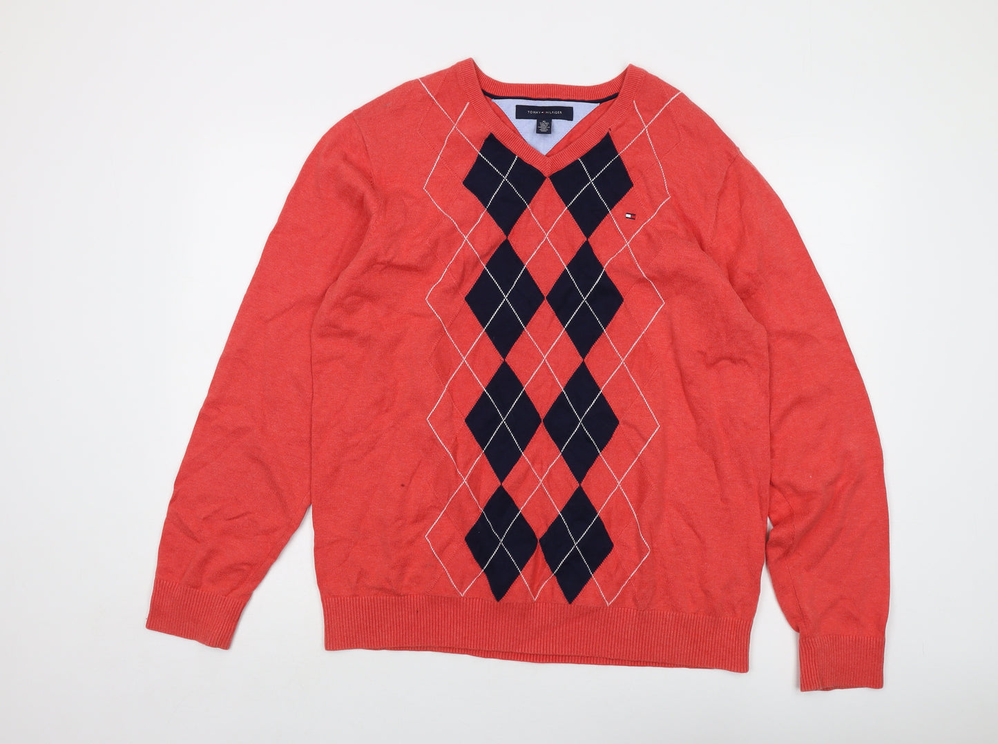 Tommy Hilfiger Womens Orange V-Neck Argyle/Diamond Cotton Pullover Jumper Size XL