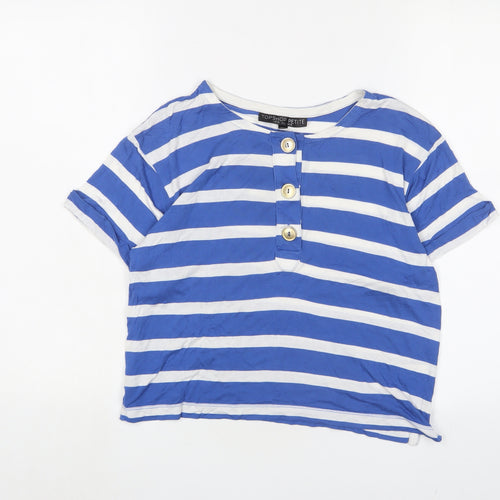 Topshop Womens Blue Striped Viscose Cropped T-Shirt Size 10 Crew Neck