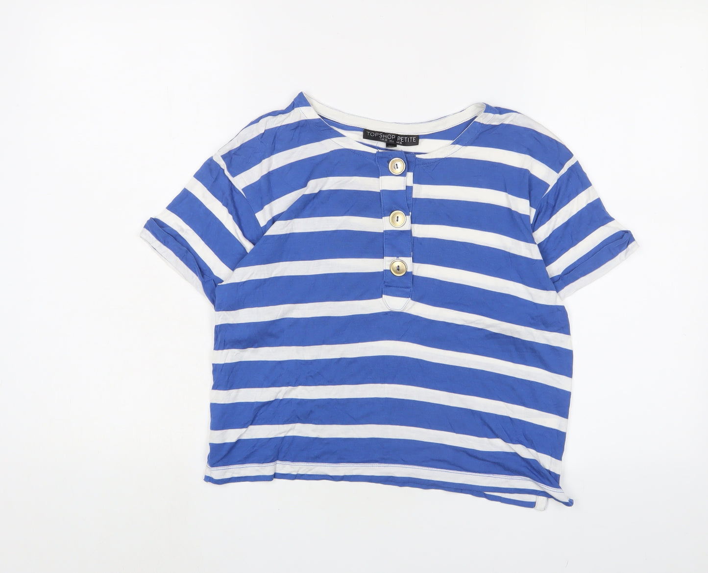 Topshop Womens Blue Striped Viscose Cropped T-Shirt Size 10 Crew Neck