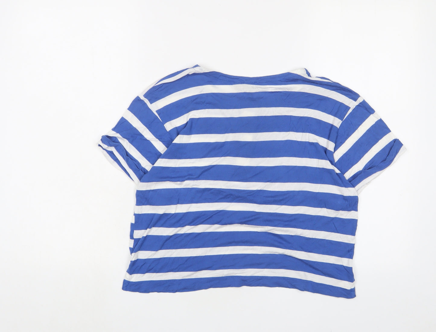 Topshop Womens Blue Striped Viscose Cropped T-Shirt Size 10 Crew Neck