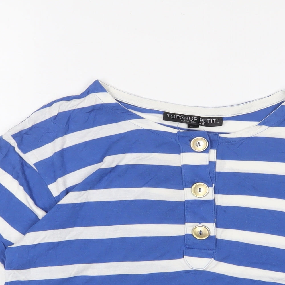 Topshop Womens Blue Striped Viscose Cropped T-Shirt Size 10 Crew Neck