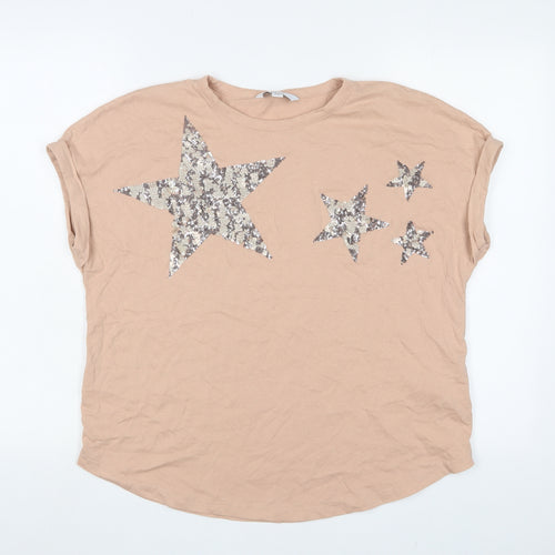 NEXT Womens Pink Cotton Basic T-Shirt Size 12 Crew Neck - Stars, Sequins