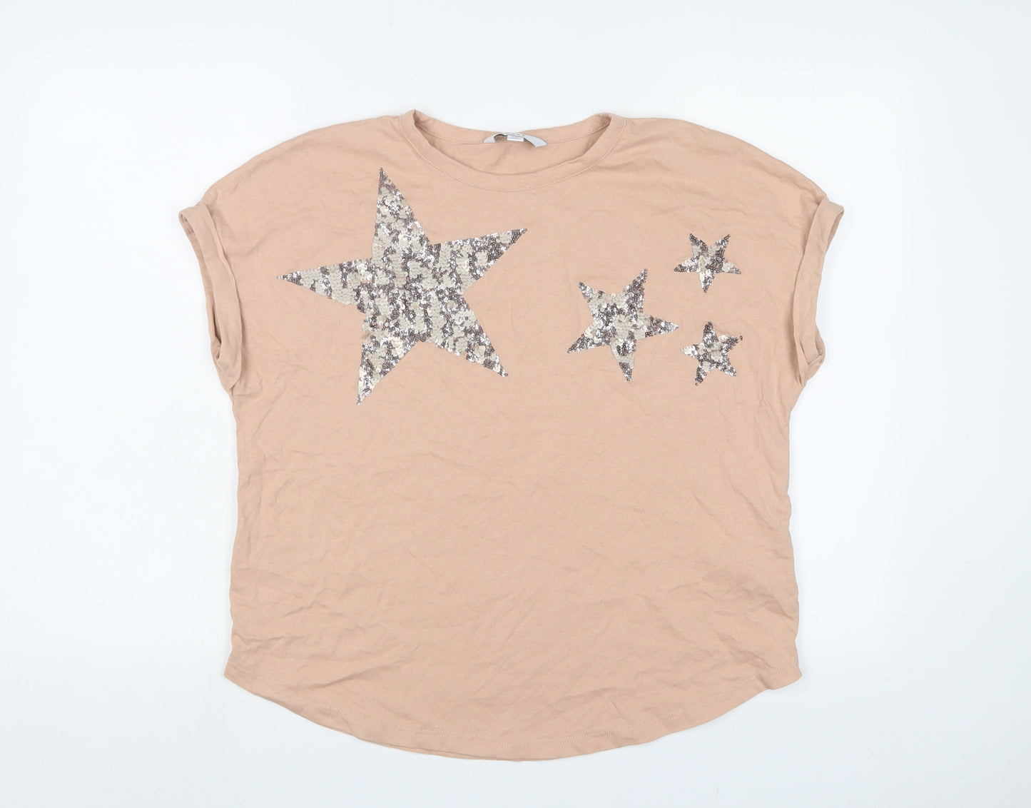NEXT Womens Pink Cotton Basic T-Shirt Size 12 Crew Neck - Stars, Sequins