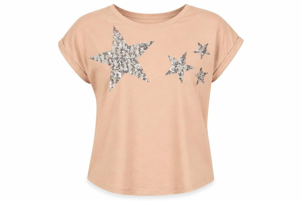 Front view of Next women’s pink cotton basic t-shirt, size UK 12, crew neck - stars, sequins