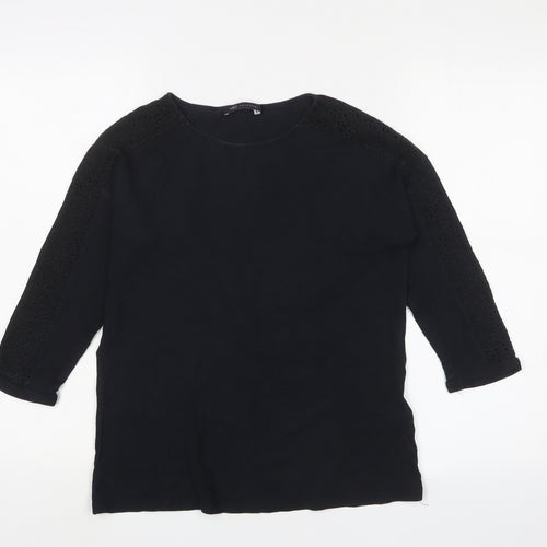 Marks and Spencer Womens Black Cotton Basic T-Shirt Size 12 Crew Neck - Lace