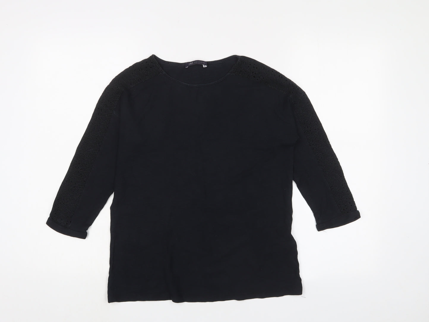 Marks and Spencer Womens Black Cotton Basic T-Shirt Size 12 Crew Neck - Lace